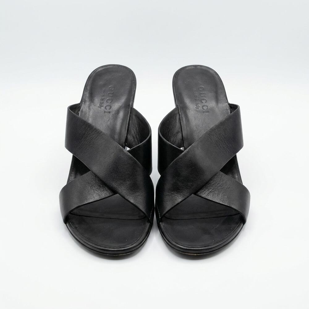 Vintage Gucci Black Leather Crisscross Strappy Heeled Mules / Sandals